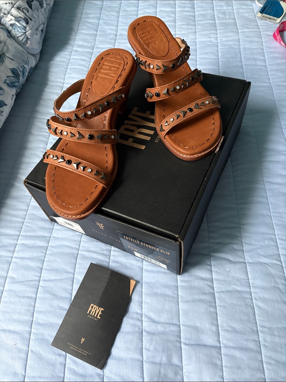 FRYE Tan Studded Triple-Strap Slide Sandals